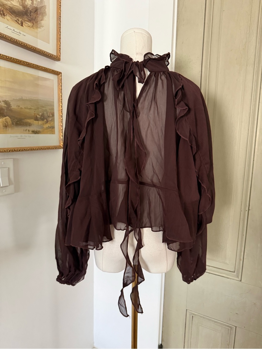 NWT Commense Chocolate Brown Ruffled Cape Mini Dress - Picture 11 of 13